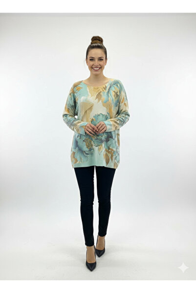 CELTMODA Women's Floral Patterned Thin Angora Italian Blouse - Turquoise