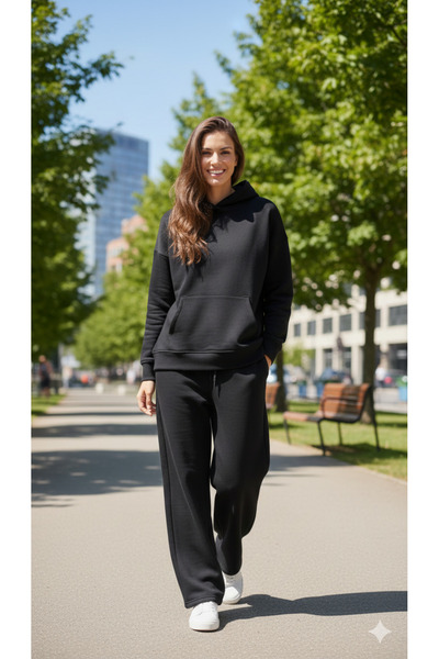 LiyAdaCo Unisex Hooded Black Baggy Tracksuit Set - Bottom Top 3 Thread Premium Set