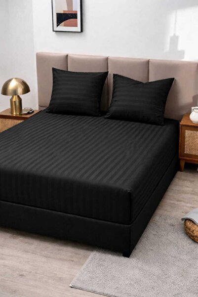 ANATOLIATEKSTILE Damask Bed Cover with Fine Stripes, Fitted Sheet + 2 Pillowcases