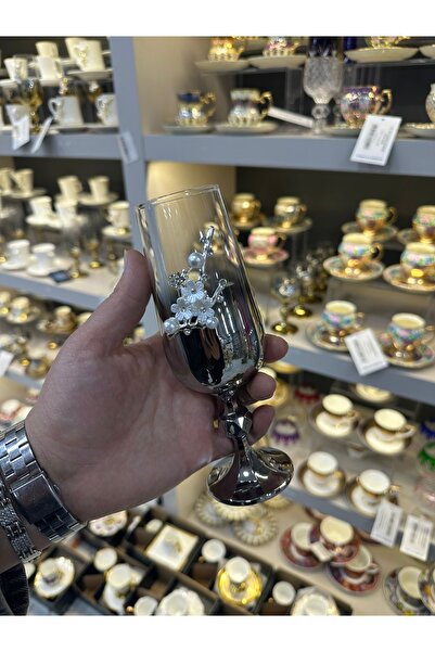 Vakıf home Bohemia Kristal İncili Titanyum Platin Ayaklı Kahve Yanı Su Bardağı