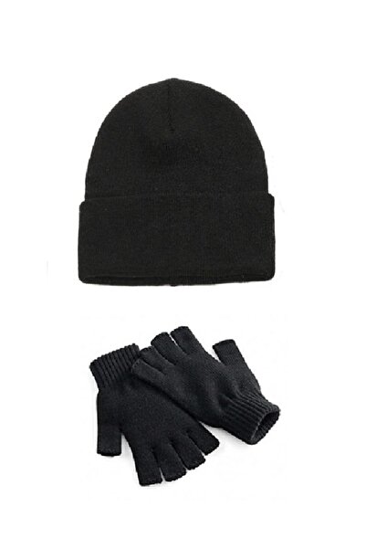 Çeşitli Black Basic Beanie and Cut Fingerless Gloves Double Combination