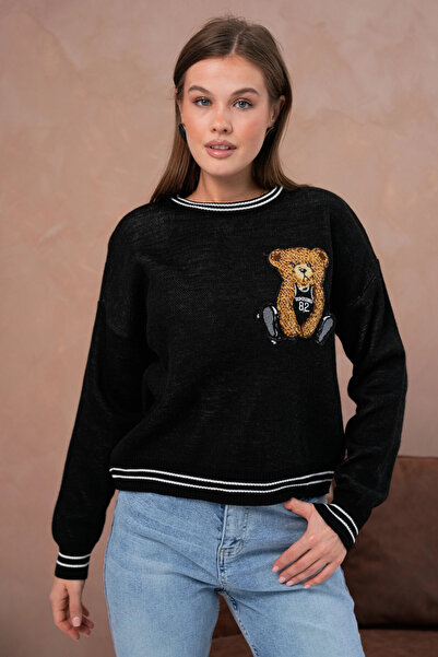 Park Karon Women's Crew Neck Stripe Detail Embroidered Knitwear Sweater 10519