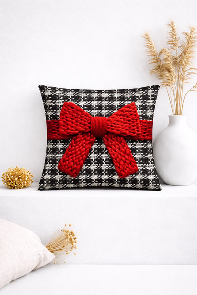 Ases Design 3D Red Bow Detailed Black-White Checkered Decorative Throw Pillow...