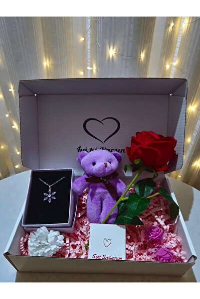 RAWEZON Nerovia Konsept- Çelik Mor Lotus Kolye,Kırmızı Gül,Mor Ayıcık Anahtar...