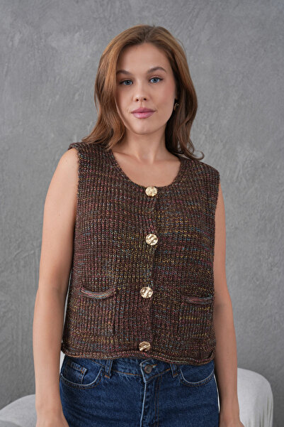 Park Karon Women's Wide Collar Button Detail Thessaloniki Knit Sleeveless Knitwear Vest 8606Sw