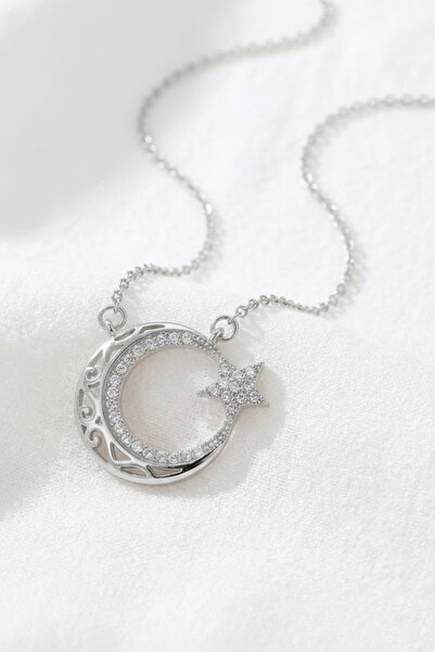 özgül takı ve tasarım Stainless Steel Silver Color Zircon Detailed Moon Star Women's Necklace