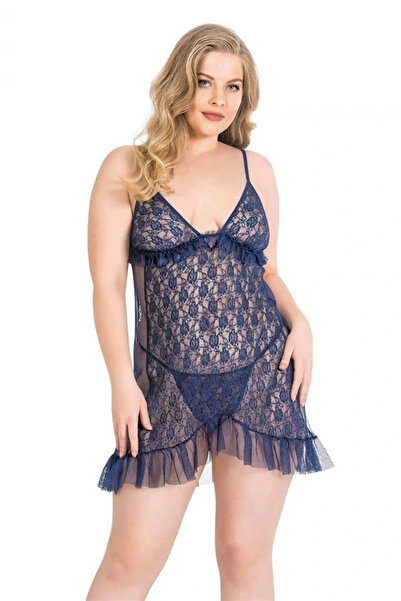 Aria's Closet Arias Closet Büyük Beden Lacivert Kısa Tül Gecelik