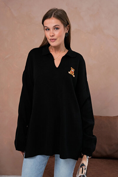 Park Karon Women's Polo Neck Embroidery Detail Side Slit Casual Knitwear Sweater 224292