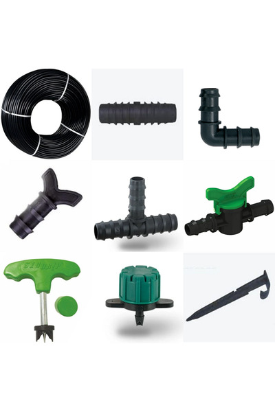 Altınyapı Hobi Market 100 Meter Drip Irrigation Hose-Elbow-Connector-Tap-Valve-Set Part (10 Pieces)