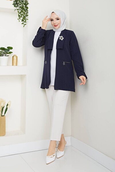 ARVENA LİFE Elifembebutik Lacivert Çizgili Cep Aksesuarlı Kadın Büyük Beden B...