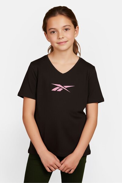 Reebok Kids Girl V Neck Short Sleeve Outdoor T-Shirt, Black