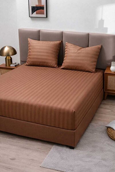 ANATOLIATEKSTILE Damask Bed Cover with Fine Stripes, Fitted Sheet + 2 Pillowcases