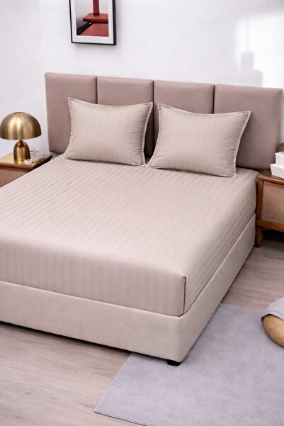 ANATOLIATEKSTILE Damask Bed Cover with Fine Stripes, Fitted Sheet + 2 Pillowcases