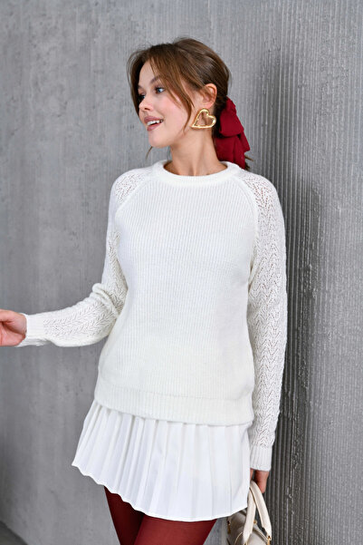 Park Karon Women's Corded Fabric Crew Neck Lace-Like Knit Knitwear Sweater 8438Sw