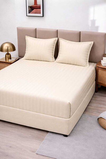 ANATOLIATEKSTILE Damask Bed Cover with Fine Stripes, Fitted Sheet + 2 Pillowcases