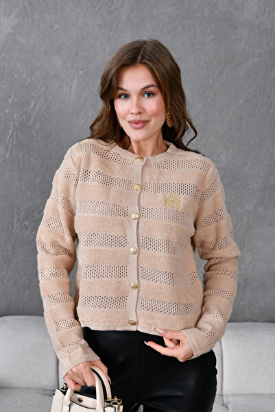 Park Karon Women's Crew Neck Button Detail Lace-Like Knit Knitwear Jacket 10825