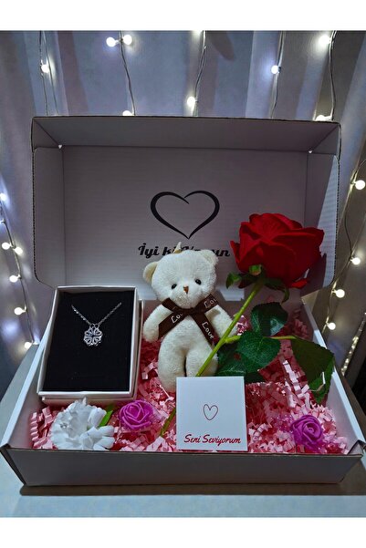 RAWEZON Nerovia Konsept- Çelik Açılan Yonca Kolye,Kırmızı Gül,Beyaz Ayıcık An...