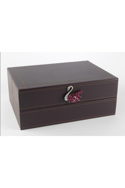 esdekor Dark Purple Swan Leather Box with Handle 30X22X12Cm Decorative Item Decoration
