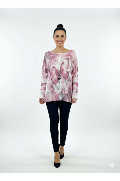 CELTMODA Women's Butterfly Patterned Thin Angora Italian Blouse - Pink