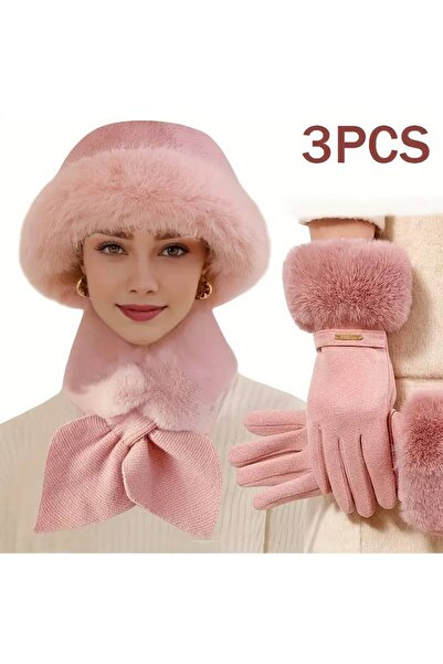 İnci Mercan Bujiteri 3 Parça Kadın Kışlık Aksesuar Seti: Kalın Polar Eldiven,...