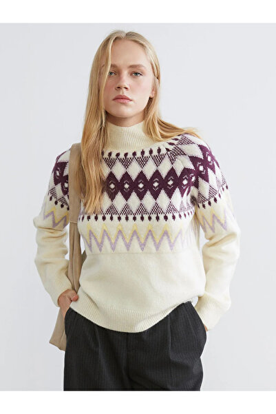 LC Waikiki LCW Vision Ekru Yarım Balıkçı Yaka Desenli Kadın Triko Kazak