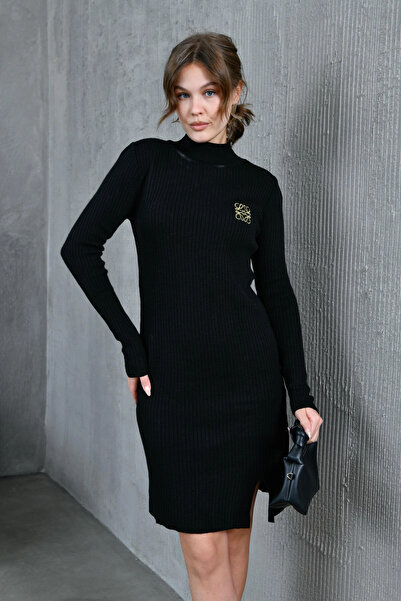 Park Karon Women's Turtleneck Slit Detail Corded Fabric Ribbed Knit Knitwear Dress 10557