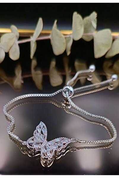 stainless steell سوار فضي اللون قابل للتعديل من الزركون على شكل فراشة موديل 3...