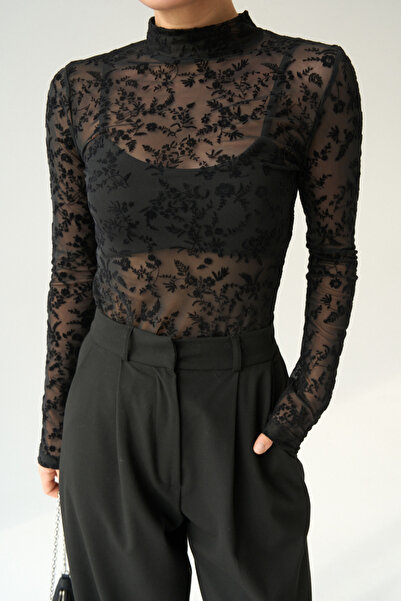 LOOSH Kadın Siyah Dik Yaka Transparan Desenli Bluz