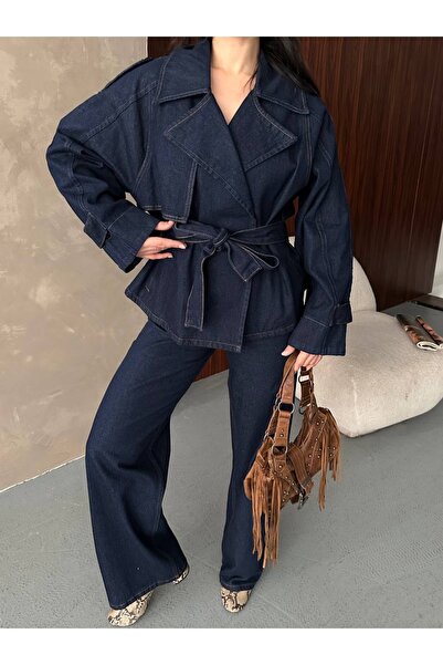 Ekim Store Синій піджак з поясом, штани, джинсовий комплект