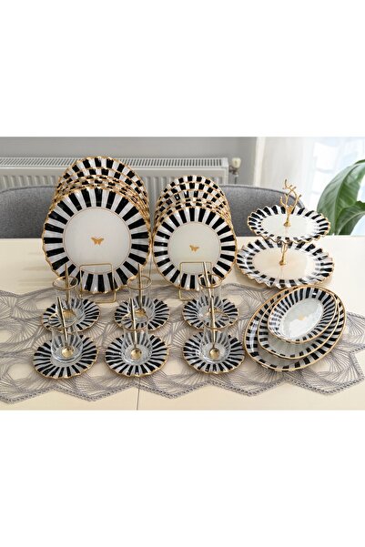Hediye Köşkü 6 Kişilik 34parça Siyah Kelebek Desenli Lüks Kahvaltı Seti