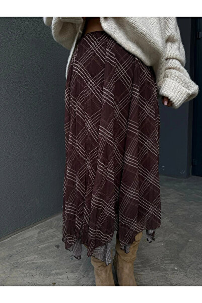 Lusin Women's Brown Lined Plaid Patterned Chiffon Skirt