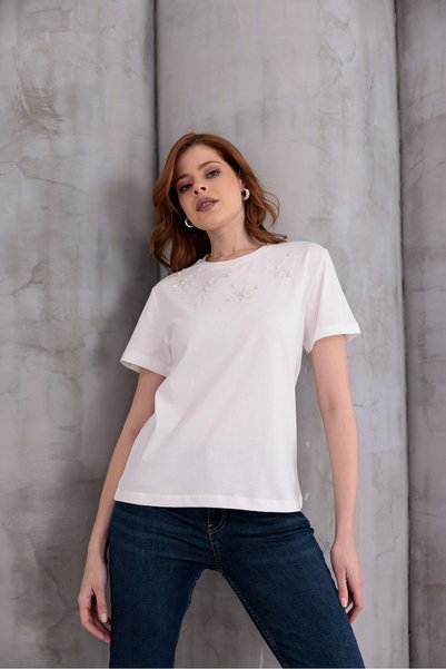 RENGARENG Women's T-Shirt with Beads White