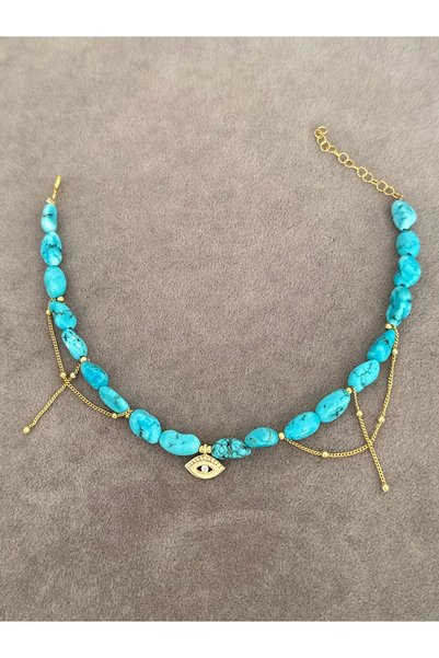 emy by emel luxury silver jewelry Göz Detaylı Turkuaz Taşlı Halhal Altın Kaplama 925 Ayar Gümüş