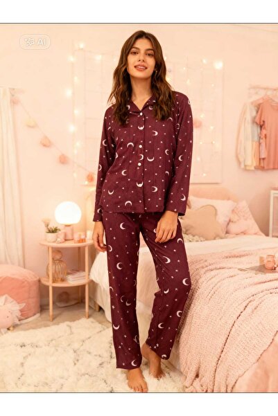 NiCe İç Giyim طقم بيجامة قميص من جلد الغزال الناعم بلون أحمر كلاريت مع نجمة و...
