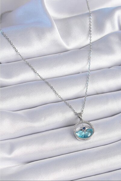 OceanDesign Paslanmaz Çelik Gümüş Renk Zirkon Taşlı Kutup Yıldızı Kadın Kolye...