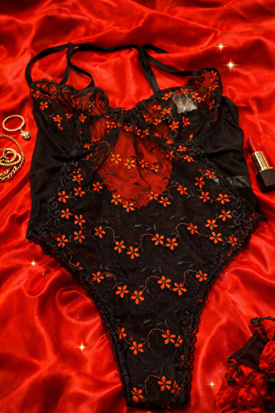 Dantelya Homewears Siyah Kırmızı Çiçekli Transparan Bodysuit