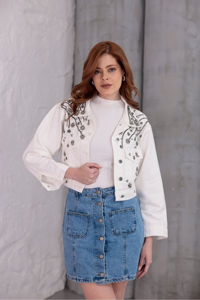 RENGARENG Women's Denim Jacket White Crop Denim Jacket with Stone Bead Detail