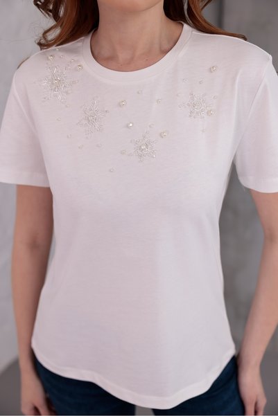 RENGARENG Women's T-Shirt with Beads White