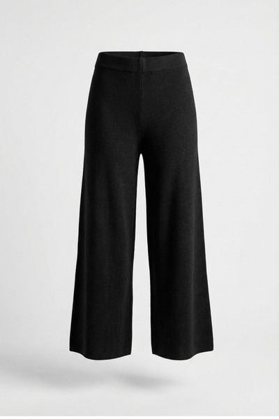 Qaju Women's High Waist Knitwear Wide Leg Trousers (100cm)- Black