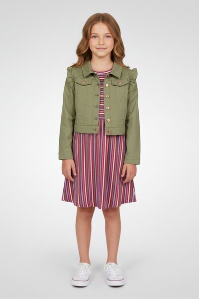 NANETTE LEPORE Kids Girl 2 Pieces Stripe Dress With Denim Jacket, Multicolor