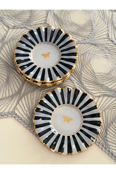 Hediye Köşkü 6 Kişilik Siyah Kelebekli Cam Çay Tabak