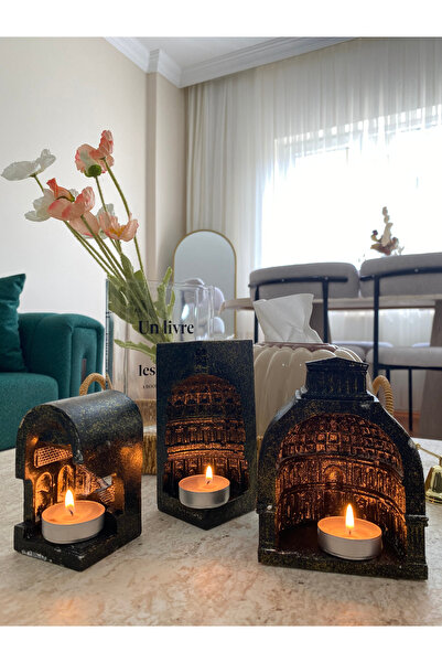 SalepHome Siyah 3'lü Mumluk,Beton 3'lü Set Hediyelik,El Yapımı Mum Tutucu