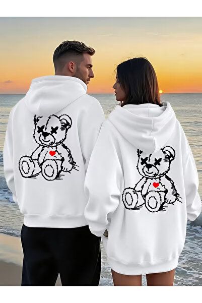 Ciel Lune Combinație de cuplu iubit Teddy Bear cu imprimeu cu glugă Swea tric...