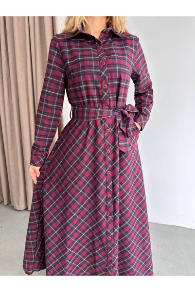 Ekim Store Plaid Patterned Belted Buttoned Maxi Dress
