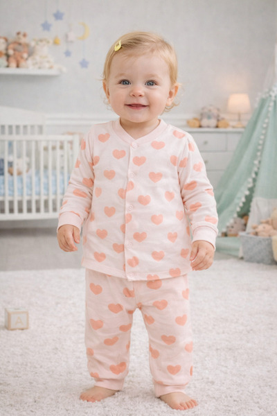 DaphKids Heart Patterned Children's Pajama Set 6-24 Months – Long Sleeve 100%...