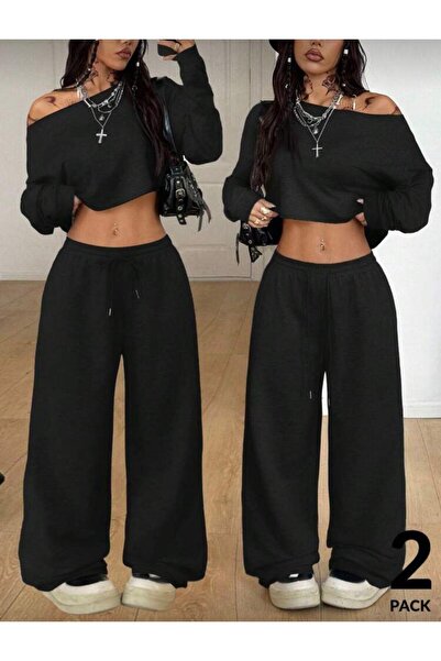 Le Vion Women's Two Piece Black Gray Loose Sweatpants Baggy Comfortable Fit