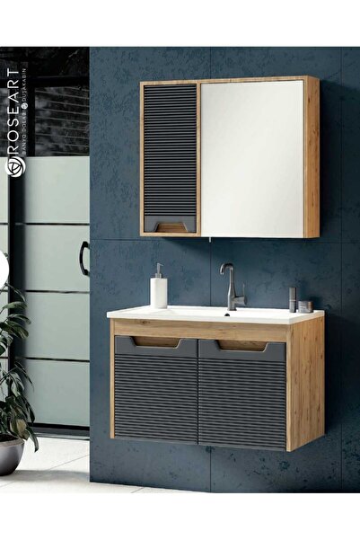 ROSEART BANYO SAFİR ATLANTİK ÇAM ANTRASİT 80CM BANYO DOLABI SETİ ÜST MODÜL + ...