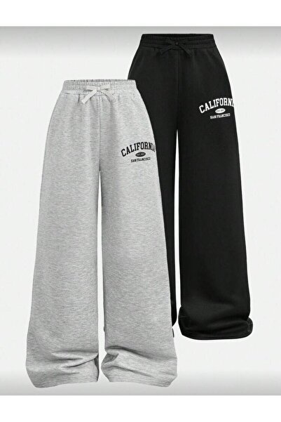 Le Vion Women's Two Piece Black Gray Loose Sweatpants Baggy Comfortable Fit