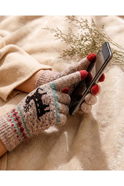 Corney Design Holly Bej Dokunmatik Eldiven | Yılbaşı Geyik Desenli | Kadın Er...