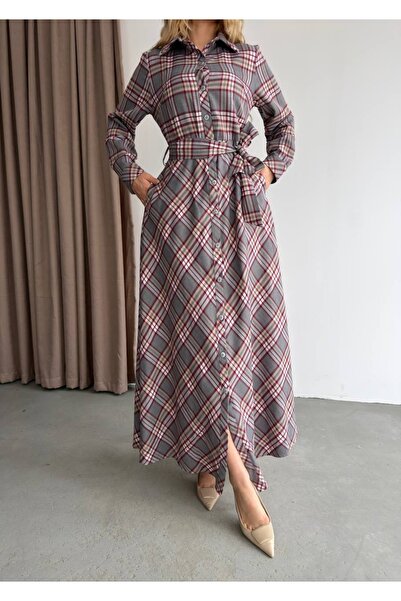 Ekim Store Plaid Patterned Belted Buttoned Maxi Dress